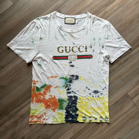Gucci Authentic Men’s Short Sleeve Tie Dye Shirt Belt Logo Multicolored Size XL - Picture 1 of 6
